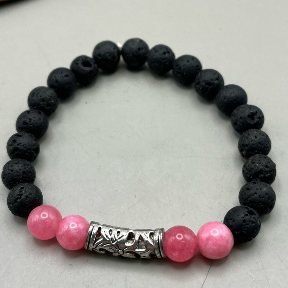 Silver Tone Pink and Black Lava Beads Stretchy Bracelet Boho Chic Essential Oil - Picture 2 of 3